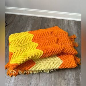 VTG Crochet Afghan Chevron Handmade Sunshine Retro  Boho Fringe Orange Yellow L